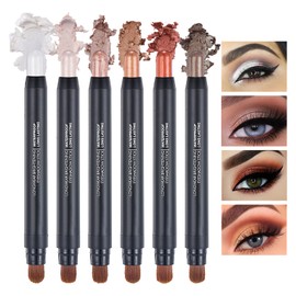 Prreal 6 Color Eyeshadow Stick, 2 in 1 Dual End Shimmer Eyeshadow Stick, Glitter Metallic Eyeshadow Pencil Crayon, Pearl Waterproof Long-lasting Eye Shadow Cream Stick with Soft Brush for Eye Makeup