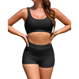 Jolefille Ribbed Two Piece Swimsuit for Women High Waisted Bikini Sets Tummy Control Bathing Suits Boy Shorts Bottom