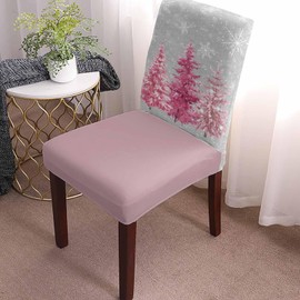 Savannan Christmas Tree Chair Covers, Snowflake Winter Gray White Pink Stretch Parsons Chair Slipcovers Removable Kitchen Chair Protector Cover for Dining Room， Set of 4