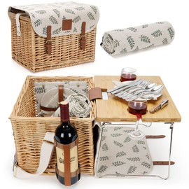 WILLOW WEAVE Picnic Basket with Table, Picnic Basket Set for 2, Willow Hamper with Wine Holder, Wicker Picnic Set with Blanket & Premium Tableware for Outdoor, Wedding, Anniversary, Birthday Gift