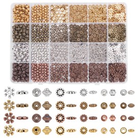 PH PandaHall 1200pcs Antique Spacer Beads, 4 Colors Tibetan Flower Square Rondelle Beads Alloy Spacers Beads Flat Round Loose Beads for Bracelet Necklace Earring Jewelry Making Supplies