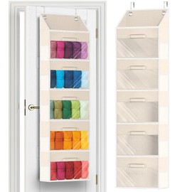 Ofiray-home Hanging Yarn Storage Organizer with 5 Drawers, Over the Door Large Capacity Knitting Organizer Storage&10 Mesh Side Pockets, Hanging Yarn Holder for Knitting Needles, Crochet Hooks- Beige