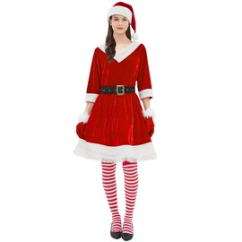 Frojuly Mrs Claus Costume for Women 5PCS Adult Miss Clause Santa Dress Red Velvet Plus Size Christmas Outfit Suit with Xmas Hat Gloves Belt Stockings 2XL