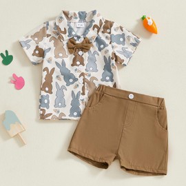 Murnouche Toddler Baby Boy Easter Outfit Button Down Shirt Casual Shorts Summer Clothes Set Brown 3-4T