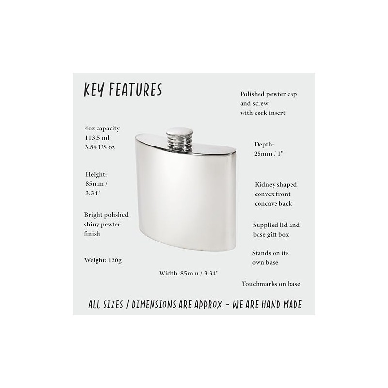 Wentworth Pewter - Plain Polished Pewter Kidney Flask, Hip Flask,
