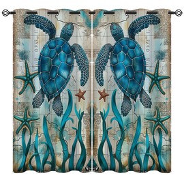 Sea Turtles Blackout Curtains for Girls Boys Home Decor, Tropical Ocean Teal Starfish Nautical Map Grommet Thermal Insulated Drapes Darkening Window Curtain for Bedroom Living Room, 42 x 63 Inch