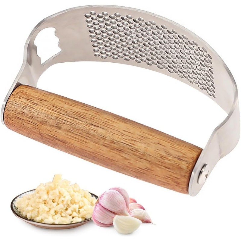 Prensa de ajos con mango de madera basculante, prensa y