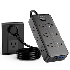 invens Regleta Enchufe USB Multicontacto, Regleta de 1,2 m, 12 Salidas, 3 Puertos de Carga USB (5 V / 2,1 A), 1 Puerto Type-C, Conector múltiple, Enchufe para el hogar, Oficina, Dormitorio, Negro