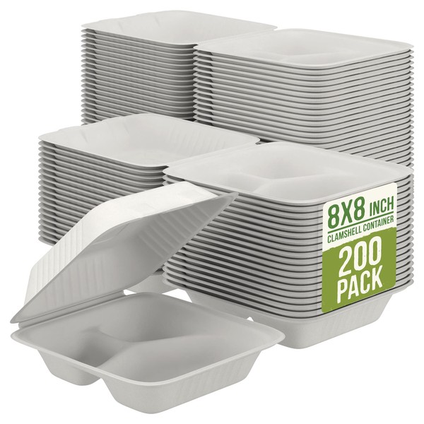 MeddMax Compostable Bagasse Clamshell Take out Containers | Natural Disposable Food Containers | Eco-Friendly & Biodegradable | Made of Sugar Cane Fibers | 8” x 8” – 200 Pack