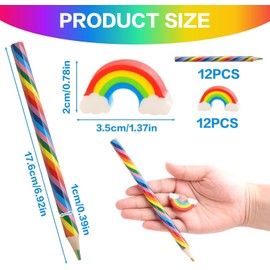 MisFun Pack of 12 Rainbow Pencils, Colouring Pencils Children, 4 in 1 Colouring Pencils, Rainbow Pencils, Colourful Pencils with 12 Rainbow Erasers for Art Drawing, Colouring, Sketching
