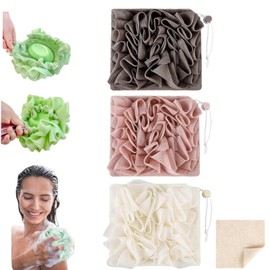 MOSYFEIBI Washcloth Loofah Combo 2-in-1 Loufee Wash Cloth That Holds Bar Soap-Exfoliation Mesh Shower Ball for Body Wash&Smooth Skin+Free Loofah Dish Towel (Coffee+Pink+White)