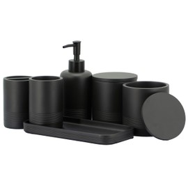 ZCCZ Black Matte Bathroom Accessories Set 6 Pieces - Toothbrush Holder, Lotion Dispenser, Qtip Container, Vanity Tray, Tumbler - Countertop Organizer for Bathrooms - Elegant and Functional Décor Set