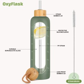 OxyFlask Glass Water Bottles 32 oz - Motivational Drinking Glass Water Bottle with Silicone Sleeve, Straw & 2 Bamboo Lids - 1 Liter Clear Borosilicate Daily Intake Tumbler with Time Marker - Olive