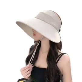 FakeFace Women Wide Brim UV Protection Visor Hat Foldable Summer Beach Packable Hat Rollable Topless Sunhat Adjustable Sun Visor Cap Beige