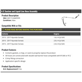 AC Suction Line Hose Assembly - Compatible with 2015-2017 Hyundai Sonata