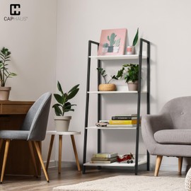 CAPHAUS 4 Tier Ladder Bookshelf, 24 Inch Width Free Standing Shelf, Bookcase Shelf Storage Rack Organizer, Industrial Book Shelves for Home Office, Living Room, Kitchen, White Wooden Shelves