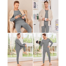 Ekouaer Men Thin Thermal Underwear Set Soft Long Johns Set 2 Pcs Warm Base Layer Top & Bottom for Cold Weather Light Grey XL