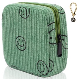 Teircno Sanitary Napkin Storage Bag,Preppy Corduroy Period Bag for School Teen Girls, Cute Smiley Face,Portable Period Pouch with Zipper, Sanitary Pads Bag Tampons Holder for Purse, First Period