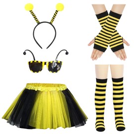 TYXHXTF Children's Bee Costume with Antenna Headband Sunglasses Long Gloves Over Knee Stockings Bee Costume for Costume Animal Cosplay Carnival Pack of 7