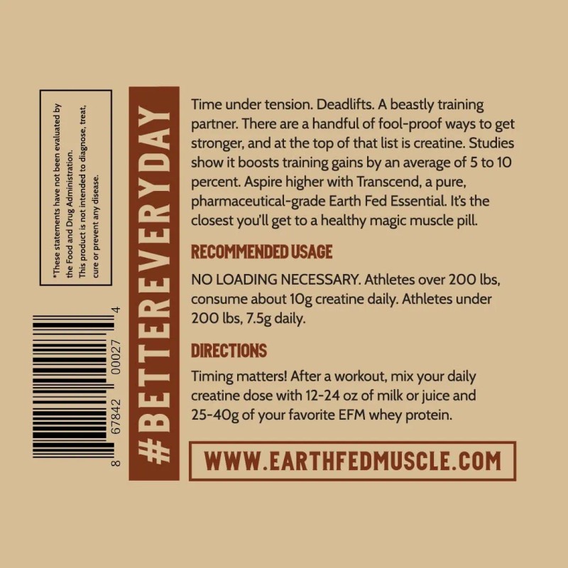 Earth Fed Muscle Creatina Monohidrato Creapure 60 Porciones