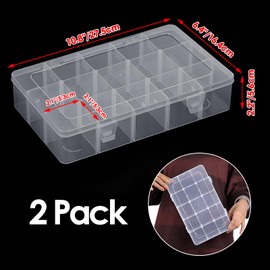 OGANAZI 2 Pack Plastic Bead Storage Boxes with 15 Compartments Clear Craft Boxes with Adjustable Dividers Organiser Boxes for Crafts, Screws, Jewelry, Washi Tape, Snack, Hair Accessories