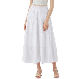 Women's Long Skirt Summer Flowy Boho Maxi Tiered A-Line Elastic High Waist Pleated Beach Dress(White,Large)