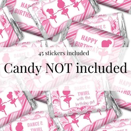 Dance and Twirl Pink Ballerina Birthday Party Mini Chocolate Candy Bar Sticker Wrappers for Kids, 45 1.4" x 2.6" Wrap Around Labels by AmandaCreation, Great for Party Favors