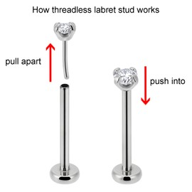 NORO OLO 2PCS-0.8mm(20g) Stainless Steel Press-Fit Threadless Push-In Labret Studs,Lip Monroe Tragus Nose Piercing with Smallest Flat Back,Φ2.0mm Round Clear Cubic Zirconia Top