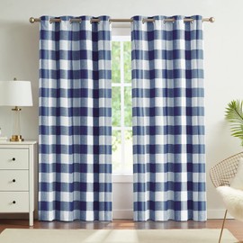 Melodieux Buffalo Check Plaid Blackout Curtains 96 Inches Long for Living Room, Bedroom Thermal Insulated Room Darkening Grommet Drapes, Blue, 50 x 96 Inch, 2 Panels