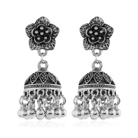 Women's Boho Vintage Ethnic Indian Earrings Gold Small Bell Tassel Flower Carved Drop Dangle Earrings Gypsy Jewelry (Metal Bell Tassel Flower Carved Drop Dangle Earrings-Silver)