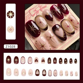 24Pcs Heart Press on Nails Medium Almond Fake Nails with Gilding Bow Star Design Glossy False Nails Nude Stick on Nails Full Cover Artificial Glue on Nails Cute Nail Supplies for Women Reusable DIY