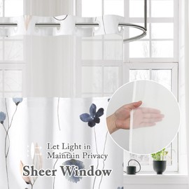 Gibelle No Hook Long Floral Shower Curtain with Snap-in Fabric Liner Set - 72" x 80"(78"), Hotel Style Blue Beige Modern Flower Shower Curtain with See Through Top Window, Waterproof & Washable