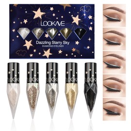 5 Colours Diamond Liquid Eyeliner Glitter Set, Metallic Shimmer Liquid Eyeliner, Durable Waterproof Sparkling Eyeliner Set, Glitter Eyeshadow Set for Party Festival Makeup (B)
