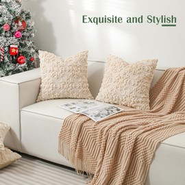 Lewondr Christmas Throw Pillow Cover 18x18, Set of 2 Super Soft Faux Fur Throw Pillow Covers Velvet 3D Snowflakes Embroidery Decorative Throw Pillowcase for Living Room Bed Couch Home Decor, Oatmeal