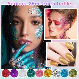 9 Bottles Glitter for Face Body, Face Glitter, Body Glitter Gel, Make-Up, with 1 Small Spoon, for Christmas Festival Masquerade (White/Gold/Silver/Pink/Green/Purple/Red/Royal Blue/Blue)