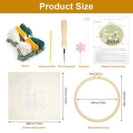 Punch Needle Flower Embroidery Set Beginners for Beginners, Starter Punch Needle Fabric Pattern Embroidery Set, Embroidery Set Adults, Cross Stitch Kit with Embroidery Hoop, Instructions and Tools for
