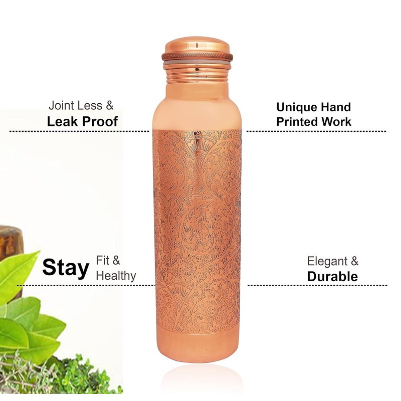 Tambra Pure Copper Jointless Vintage Water Bottle - 950ML, CARVING,