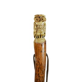 Dark wood Walking Stick with Owl Carving, Hand-Carved - Up to 60"