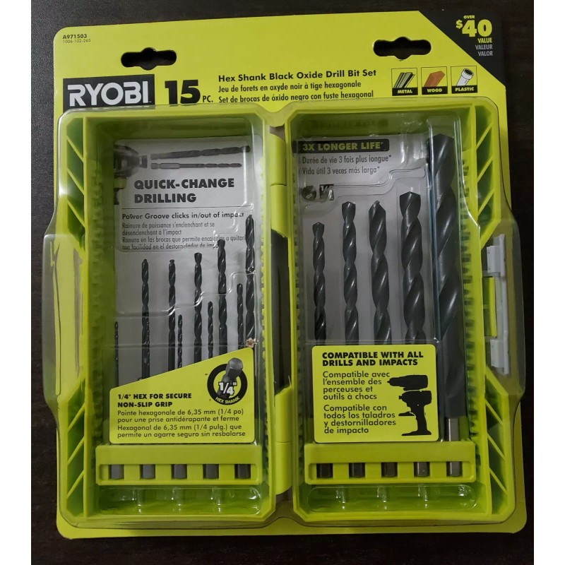 Ryobi 15 PC Hex Shank Black Oxide Drill Bit Set