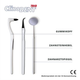 Clinodent Trio - Anti-Zahnstein-Kit mit Aufhellungs-Gummikopf, Zahnsteinhebel und Zahnstein-Spiegel