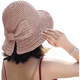 Foldable Wide Brim Floppy Straw Beach Sun Hat,Summer Cap with Bowknot for Women Girls,Strap Adjustable (1 Pack Pink)