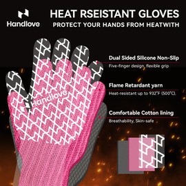 HandLove BBQ Gloves, Oven Gloves with Fingers – Heat Resistant Gloves for Grilling | Silicone Grip, Long Cuff Mitts - Kitchen & Outdoor Barbecue, Cooking, Baking, Pink L