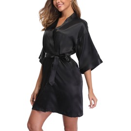 Women's Pure Color Satin Robes Short Kimono Bathrobes Silky Sleepwear for Bride Bridesmaid Black
