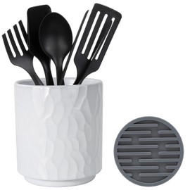 MONOSUGO Small Ceramic Utensil Holder for Kitchen Counter Countertop Cooking Utensil Cup Holder for Kitchen Crock for Utensils on Counter Includes Silicone Drying Mat Geometric Pattern White