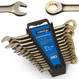 DISEN 13pcs 90 Teeth Ratcheting Wrench Set, Fixed Head SAE Combination Ratchet Wrenches Set 1/4 Inch - 13/16 inch, Nickel Plating Cr-V Constructed with Organizer