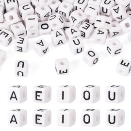 100Pcs Cube Vowel Letter Beads A/E/I/O/U Alphabet Beads 10mm A-Z Flat Round Acrylic Letter Beads Large Hole Square Letter Beads for Name Friendship Bracelet Necklace Jewelry Making