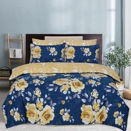 Indus Textiles Duvet Cover Set - 100% Soft Cotton Floral Pattern Reversible Duver Cover With Pillowcases - Roses Navy Mustard - Single