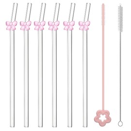 AuraFusion Glasstrohhalme mit Motiv – 6 Pieces Pink Ribbon Straws + 2 Cleaning Brushes, Reusable Drinking Straws for Party & Everyday Use