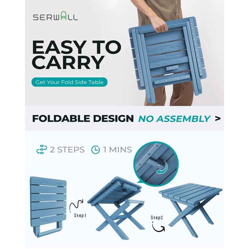 SERWALL Folding Outdoor Side Table Set of 2, Portable Adirondack