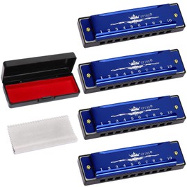 UPINS Harmonica, 4PCS Key of C Blues 10 Hole 20 Tones Titanium Color Harmonica with Case Cleaning Cloth for Beginner Students Kids (Blue)
